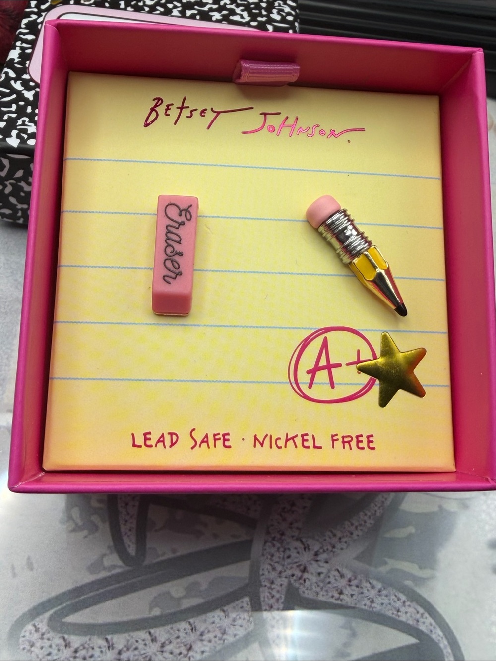 Betsey Johnson Pink Eraser, Pink Pencil Tip & Gold Star Stud Earrings